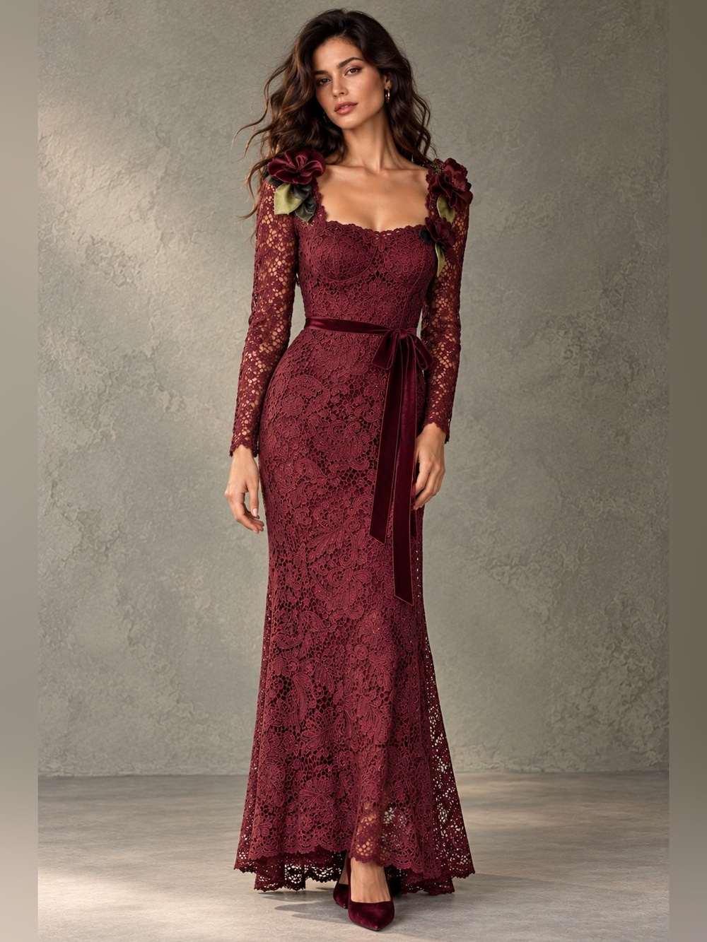 NWT Muse by Marchesa Elegant Burgundy Lace Long Sleeve Evening Dress with Floral